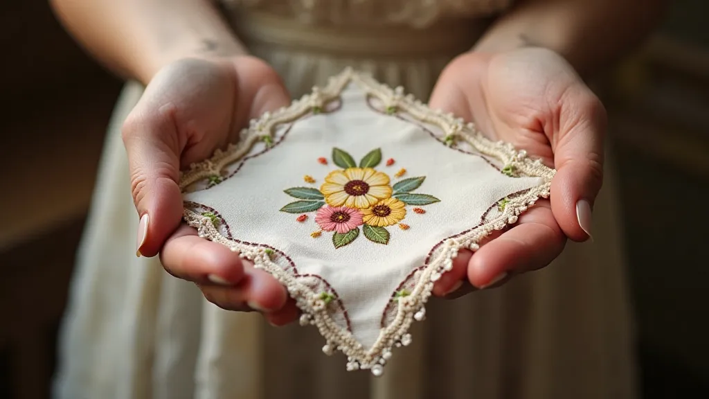Hand holding embroidered antique linen handkerchief