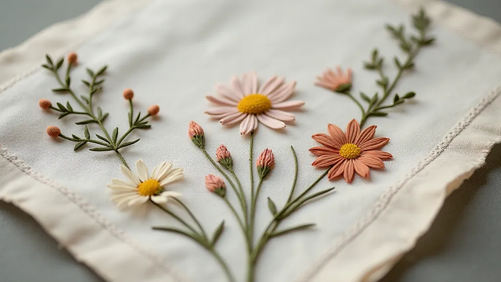 An antique handkerchief with delicate floral embroidery around the edges. Soft, natural light highlighting the detail of the stitches.