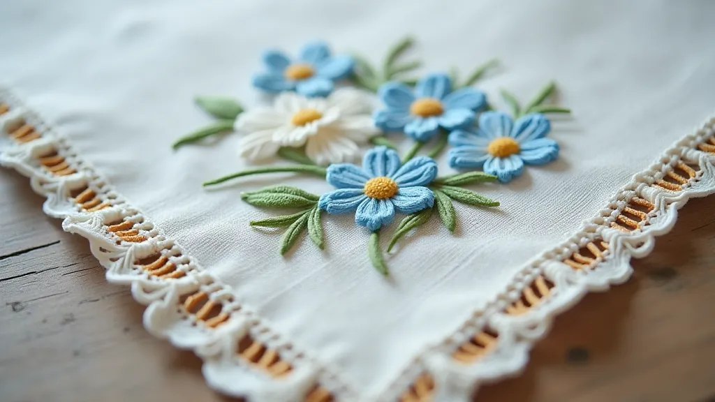 Close-up of antique handkerchief corner with forget-me-not embroidery