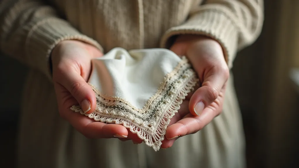 Antique handkerchief held in hand, showcasing embroidery