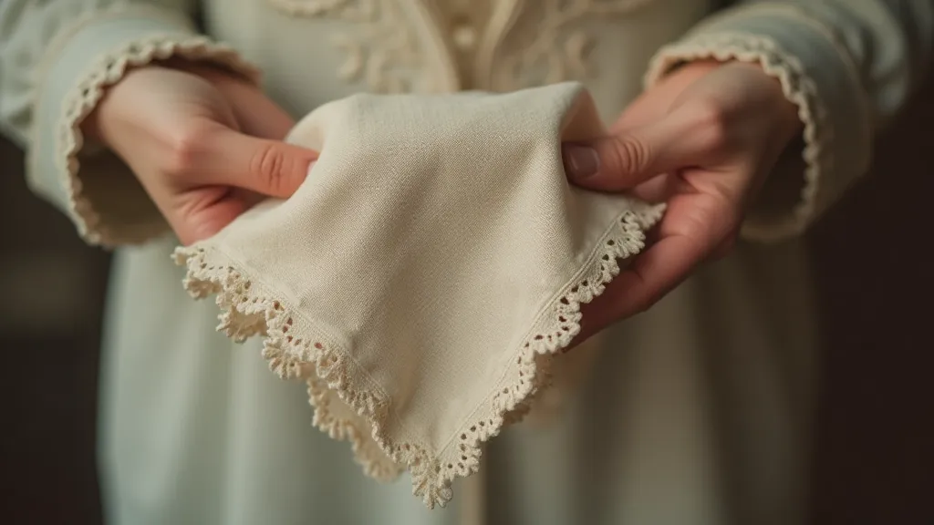 Hand unfolding a delicate antique linen handkerchief.