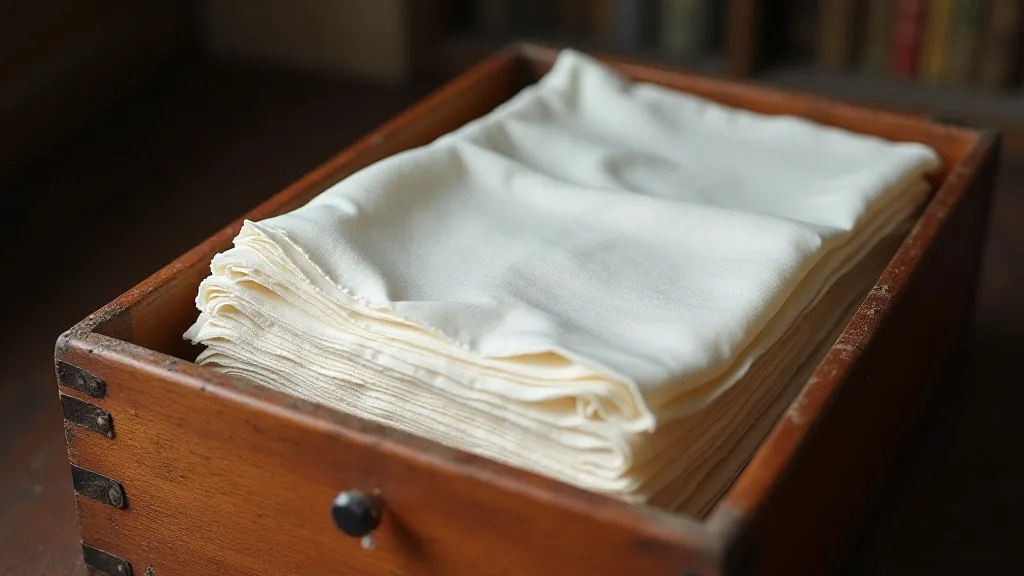 Antique handkerchiefs carefully folded and wrapped in acid-free tissue paper within an archival box.