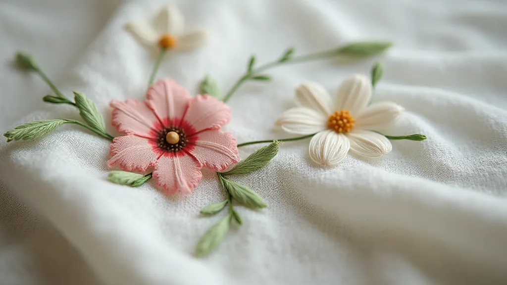 Close-up of a delicate antique handkerchief with intricate hand embroidery, illuminated by soft natural light.