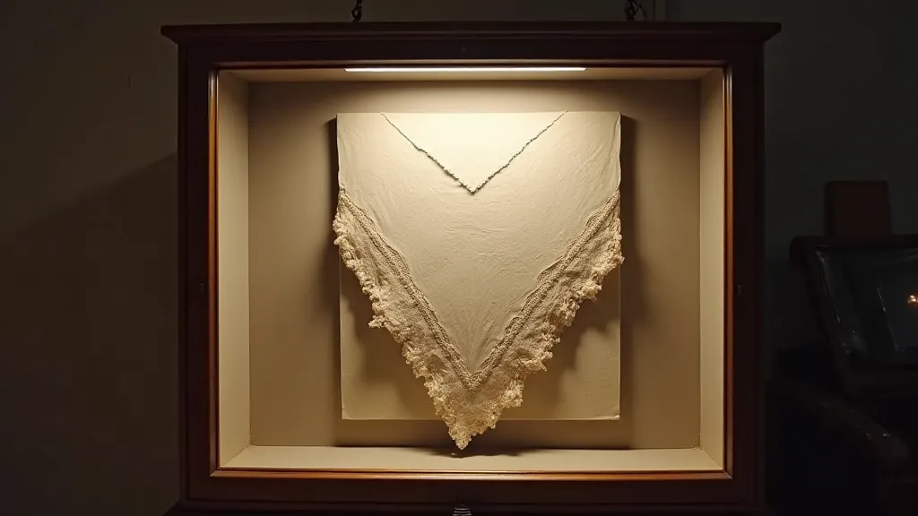 Antique handkerchief displayed in a glass cabinet with a soft, diffused light.