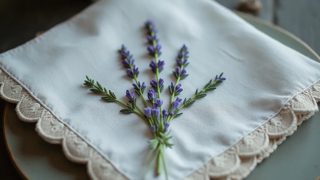 Antique linen handkerchief with lavender embroidery