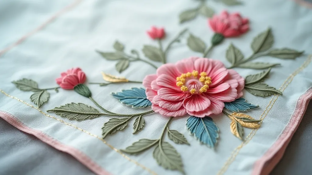 Satin stitch embroidery on antique handkerchief