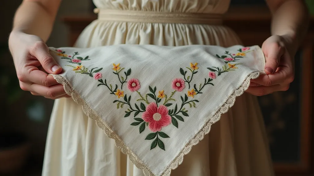 Victorian lady with embroidered handkerchief.